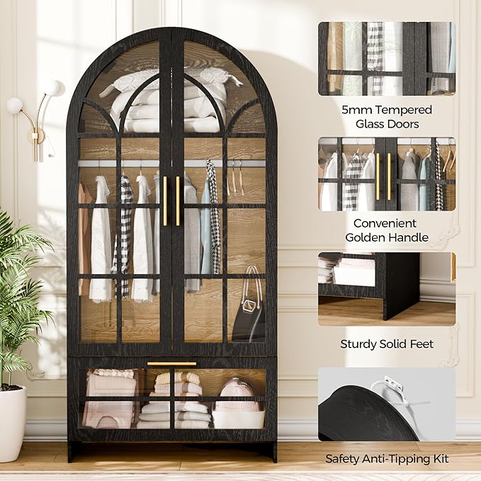 Armoire Wardrobe Closet with Drawer, 71”Tall Arched Wardrobe Cabinet with Hanging Rod&Glass Door – Wooden Freestanding Clothing Storage Cabinet Closet Organizer for Bedroom, Entryway or Dorm