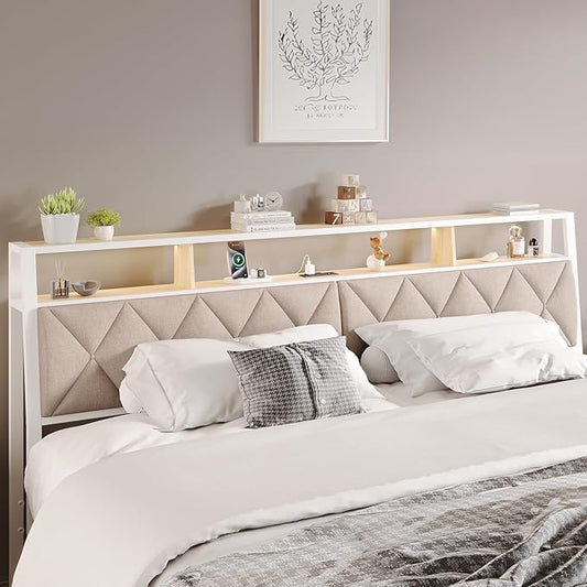Queen Headboard Only, Headboard for Queen Size Bed with Storage, Upholstered Headboards with LED Lights & Charging Station, Attach Frame, Ideal for Bedroom/Dorm/Guest Room, White & Beige