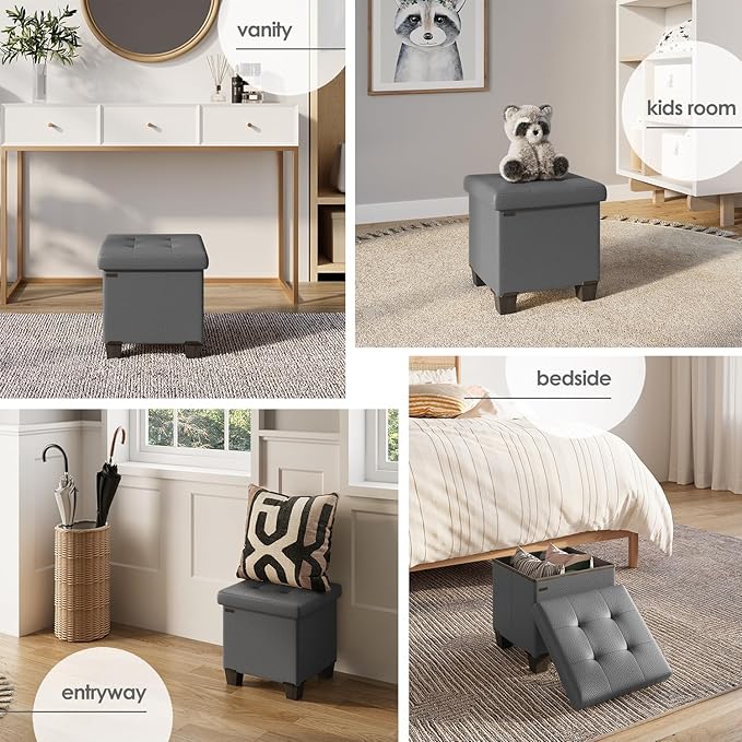 Storage Ottoman Cube with Small Bin, 15-in Square Ottoman with Storage for Living Room and Bedroom, Small Ottomans Foot Rest, Faux Leather Foot Stools Ottomans Max 330lbs, Grey