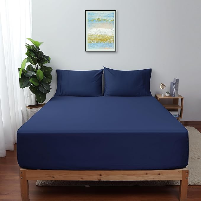 2-Pack Pure Cotton Fitted Sheet King Size, 600 Thread Count 16" Deep Pocket Egyptian Cotton Fitted Sheet (2pcs, King, Navy Blue)