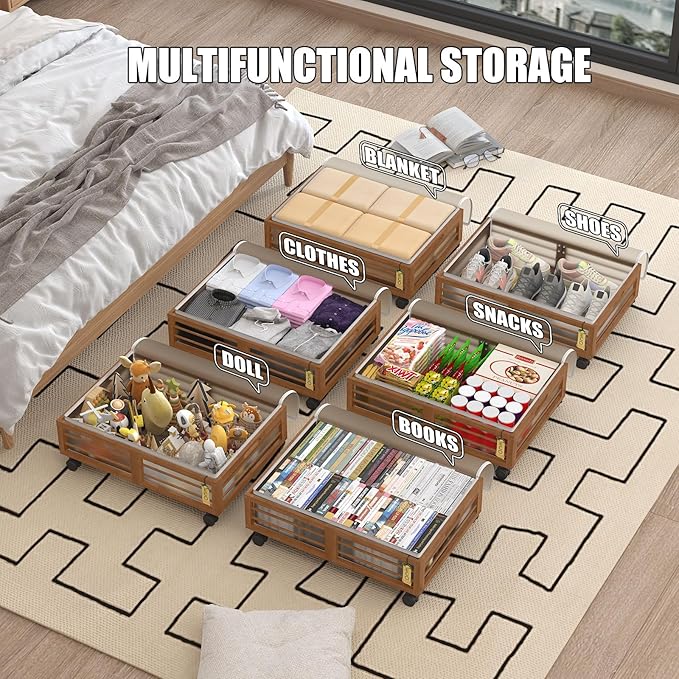 Bamboo Underbed Storage Containers with Wheels & Bag 2 Pack, Large Under Bed Rolling Storage Bins Wood Under Bed Clothes Storage Stackable Drawers for Bedroom Closet Under Crib Toy(Walnut)