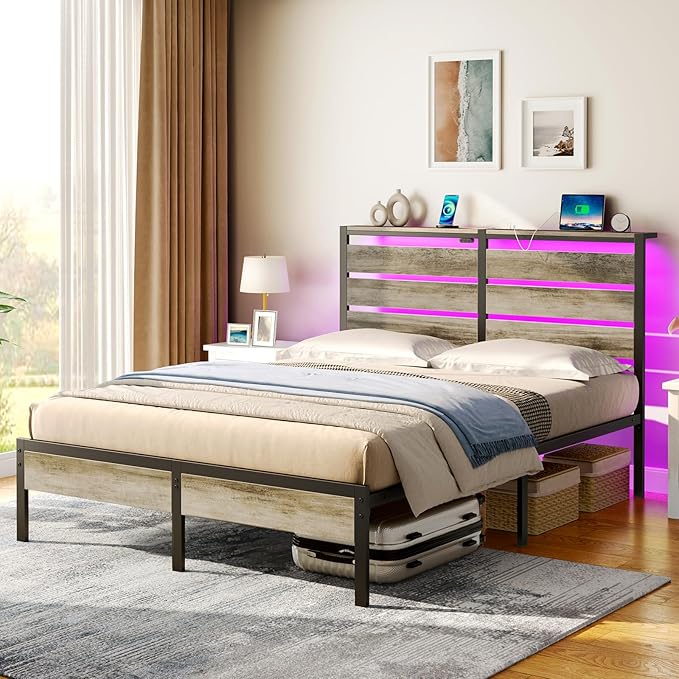 Rolanstar Bed Frame Queen Size with USB Charging Station, LED Bed Frame with Wood Storage Headboard, Light Grey Metal Platform Bed with Under Bed Storage, No Box Spring Needed, Noise Free