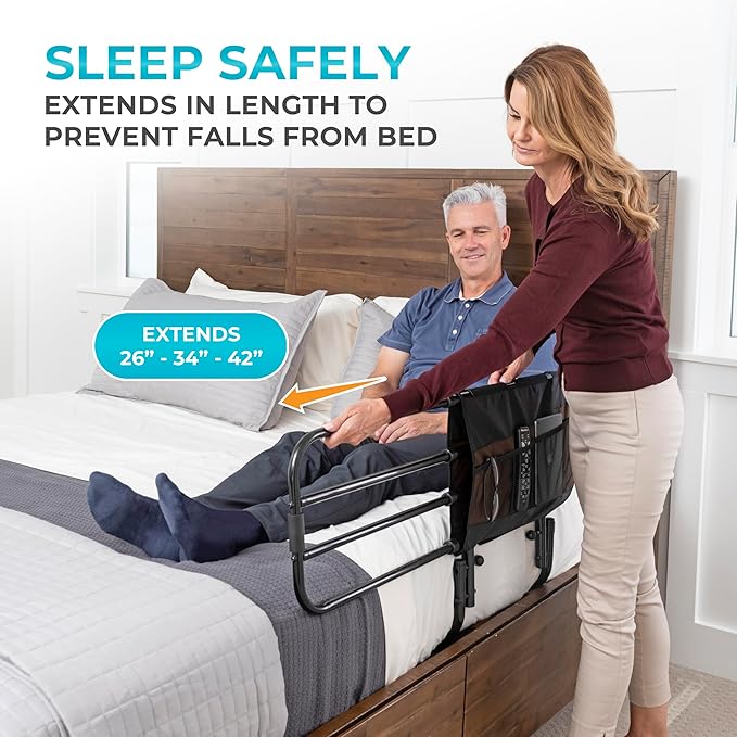 Stander EZ Adjust Bed Rail, Adjustable Senior Bedrail and Safety Assist Railing for Elderly Adults with Organizer Pouch, ASTM Safety Approved Guard-Rail, Black