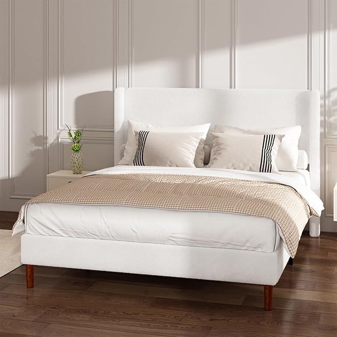 Queen Boucle Bed Frame, Platform Bed with Upholstered Wingback Headboard, Strong Wooden Slats Support, Noise-Free, Easy Assembly, No Box Spring Needed, White
