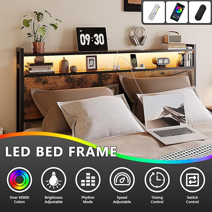 VINGLI Full Platform with 4 Storage Drawers and Headboard, Metal Double Bed with Charging Station and LED Lights, No Box Spring Needed, Noise Free, Easy Assembly, Vintage Brown