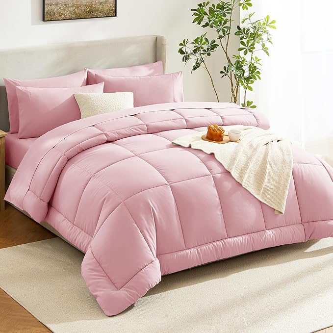 CozyLux Twin XL Comforter Set Pink, 5 Pieces Twin Extra Long Bed in a Bag for College Dorm, All Season Bedding Set with Stitch Quilted Comforter, Flat Sheet, Fitted Sheet, Pillowcases