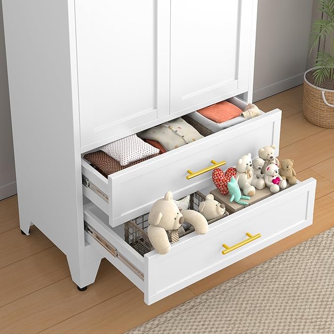 RIETERN Metal Armoire Wardrobe Closet, 71" Tall Bedroom Closet with 2 Drawers, Adjustable Shelves, and Hanging Rod, Steel Clothes Closets and Storage, for Bedroom White