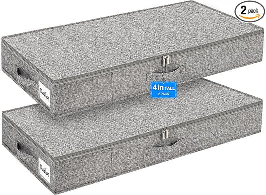 punemi 4 Inch Height Low Profile Under Bed Storage, Underbed Storage Containers With Sturdy Sidewalls & Bottom, Shallow Clothes Storage Bins, Slim Under Couch Sofa Dresser Storage, 2 Pack, Grey