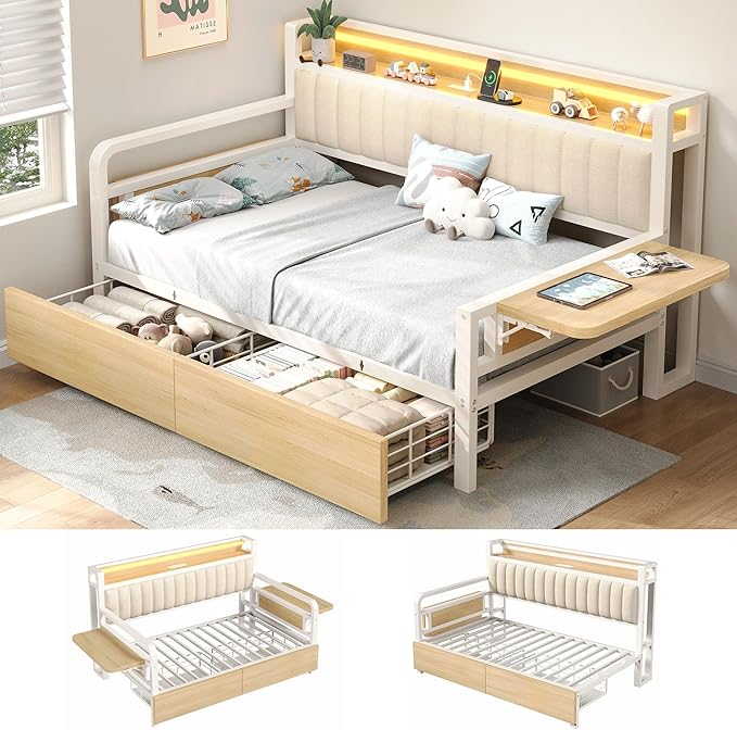 Jocoevol Twin Corner Bed Frame with Storage Drawers and LED Light, Heavy Duty Metal Daybed with Upholstered Storage Headboard & Charging Station, Twin Size Day Bed for Kids Teens Guests, White