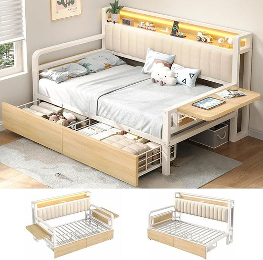 Jocoevol Twin Corner Bed Frame with Storage Drawers and LED Light, Heavy Duty Metal Daybed with Upholstered Storage Headboard & Charging Station, Twin Size Day Bed for Kids Teens Guests, White