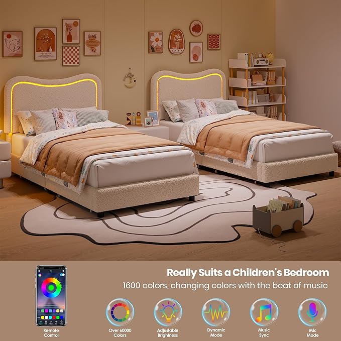 GarveeHome Upholstered LED Twin Bed Frames for Kids with 2 Drawers and Headboard, Cute Twin Bed with Storage for Girls, Boys, Sturdy Platform Bed, No Box Spring Needed, Wooden Slats, Noise Free, Beige