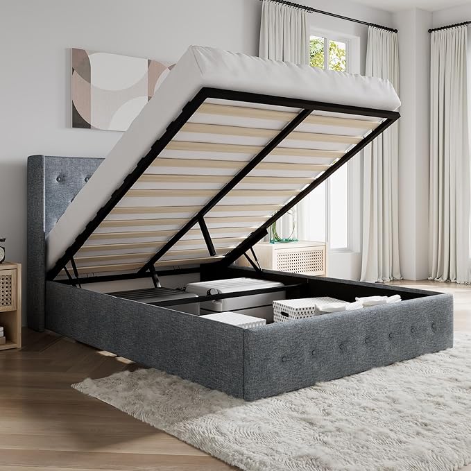 SHA CERLIN Queen Size Lift Up Storage Bed Frame,Button Tufted Wingback Headboard,Upholstered Platform,Hydraulic Storage,Wooden Slat Support,No Box Spring,Grey Blue