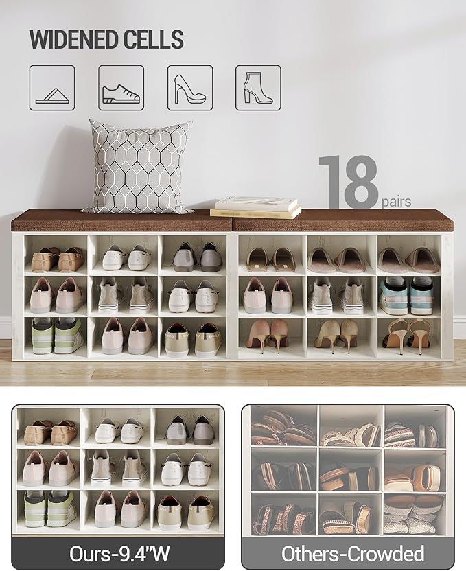 Hzuaneri Shoe Storage Bench with Cushion, Entryway Storage Bench with 18 Cubbies, 9.5" Widened Organizer Cabinet, Long Cubby Rack for Living Room, Bedroom, Entryway, White and Brown SB25714KA