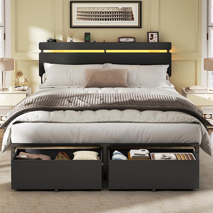 Forestell Queen Bed Frame with Wood Headboard, Black Platform Bed with 2 Storage Drawers & Shelf, Built-in Charging Station & LED Lights, Metal Support, No Box Spring Needed, Cama Queen Size