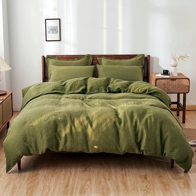 Simple&Opulence 100% Washed Linen Duvet Cover Set 5pcs(1 Duvet Cover& 2 Shams& 2 Pillowcases) Basic Style Natural French Flax Soft Breathable Farmhouse Bedding (Queen, Olive Green)