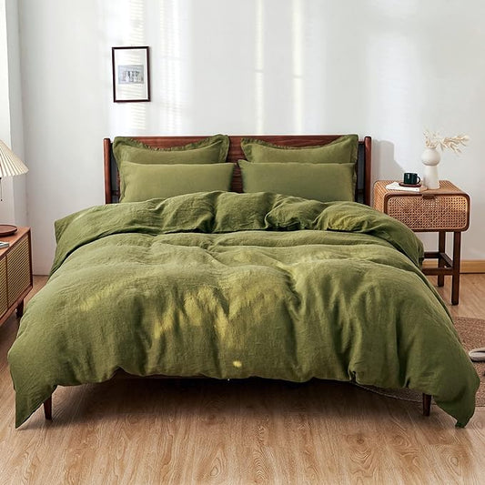Simple&Opulence 100% Washed Linen Duvet Cover Set 5pcs(1 Duvet Cover& 2 Shams& 2 Pillowcases) Basic Style Natural French Flax Soft Breathable Farmhouse Bedding (King, Olive Green)