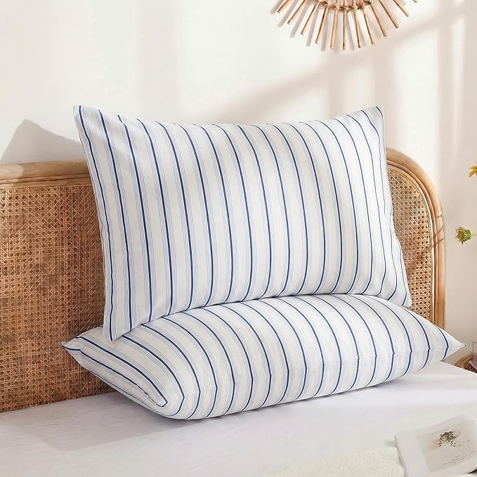 Merryword Standard Size Pillowcases, 100% Cotton Pillow Cases, Blue and White Striped Pillowcases, Soft Breathable Wide Stripes Pillow Covers, Set of 2