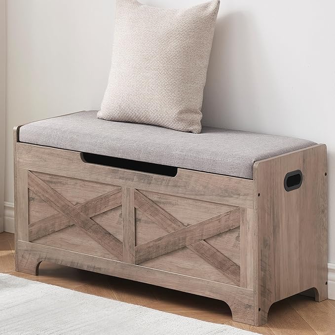 GarveeHome 39.4 in Storage Chest, Wooden Storage Bench with Safety Hinges, Easy Assembly, Large Shoe Bench for Entryway, Living Room, Bedroom