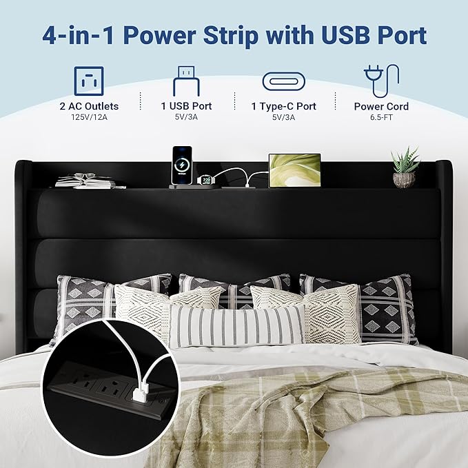 Allewie King Size Upholstered Bed Frame with Charging Station & Storage Headboard, Soft Velvet Wingback Platform Bed, Strong Wooden Slats Support, No Box Spring Needed, Easy Assembly, Black