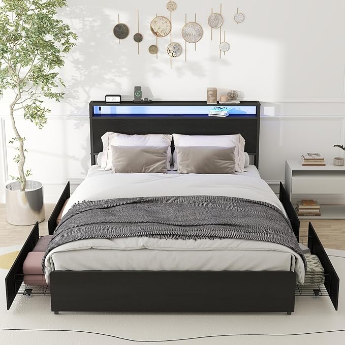 Zevemomo Queen Bed Frame with 4 Storage Drawers, Queen Size Bed Frame with Headboard, LED, Charging Station with USB Ports & AC Outlets, Sturdy Metal Slat Support, No Noise, Black