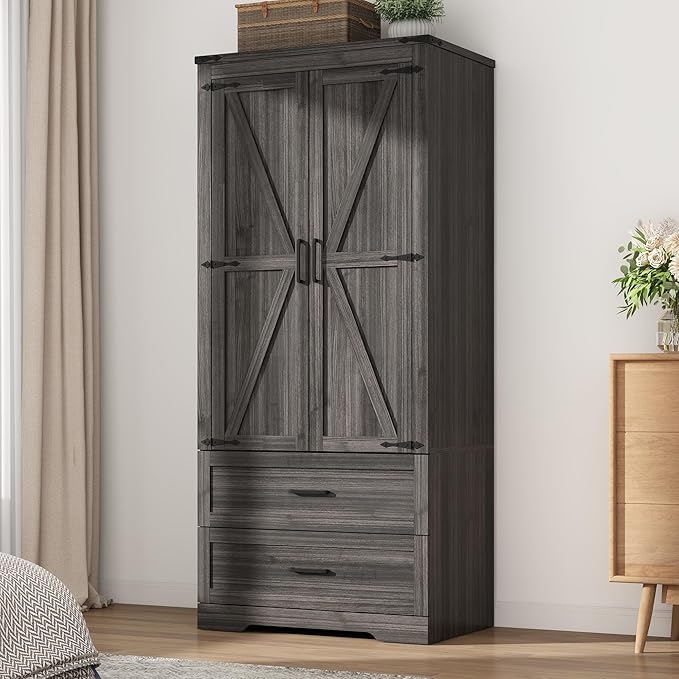 Hlivelood 2 Doors Wardrobe Armoire Closet with Doors and Drawers, Farmhouse Wooden Armoire Storage Cabinet with Shelves & Hanging Rod for Bedroom, Grey