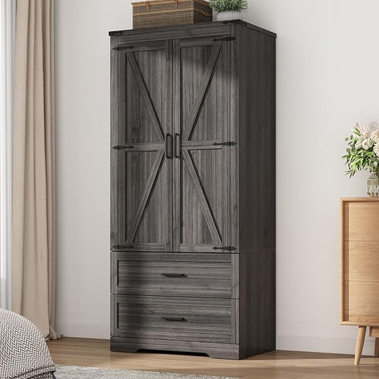 Hlivelood 2 Doors Wardrobe Armoire Closet with Doors and Drawers, Farmhouse Wooden Armoire Storage Cabinet with Shelves & Hanging Rod for Bedroom, Grey