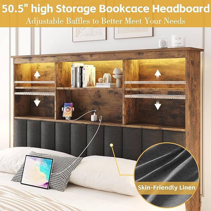 Lifezone Queen Bed Frame with Headboard, Queen Bed Frame with High Storage Bookcase Headboard, 4 Storage Drawers & Charging Station, No Box Spring Needed/Noise Free/All-Metal Support, Vintage Brown