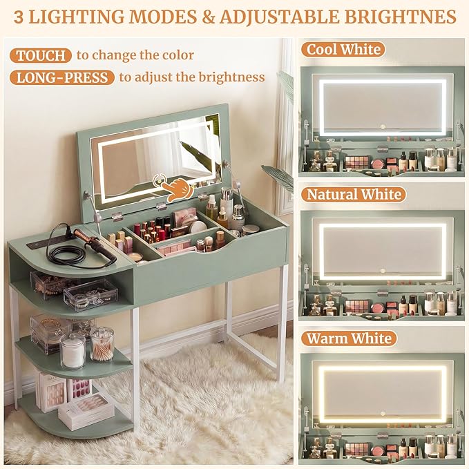 Cyclysio Vanity Desk with Flip Top Mirror and Lights, Makeup Vanity Desk with Drawers, Dressing Table with Storage Shelves & Charging Station, Small Vanity for Small Spaces, Green