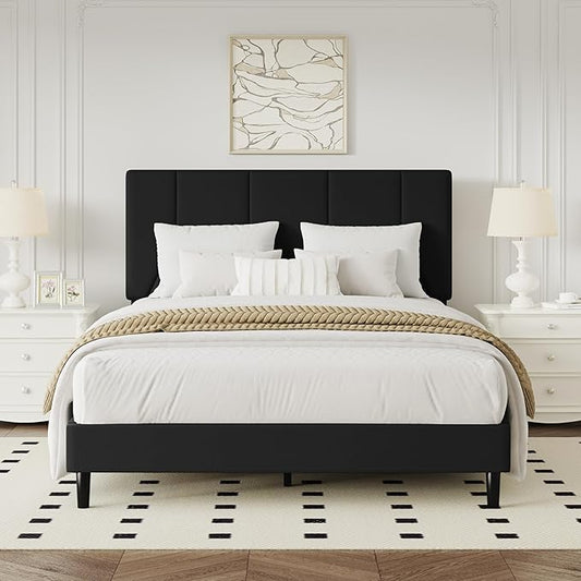 Full Bed Frame, Padded Platform Bed Frame with Velvet Headboard, Vertical Quilted Design, Sturdy Slatted Mattress Base, No Spring Mattress Required, Easy to Assemble, Black