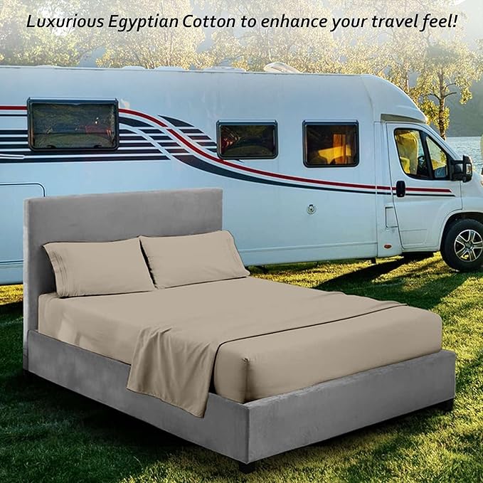 Rajlinen Short Queen RV Camper Sheet Set (60x75) – 100% Egyptian Cotton, Soft & Cooling, 16” Deep Pocket Fitted Sheet, Luxury Hotel Quality Bedding for RVs, Campers & Motorhomes (Beige Solid)