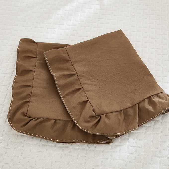 Merryword Brown Pillowcases - King Size Ruffled Shams Set of 2 - Solid Fringe Design - Coffee Brown Shabby Chic - 2 Pack (King (20''x36''))