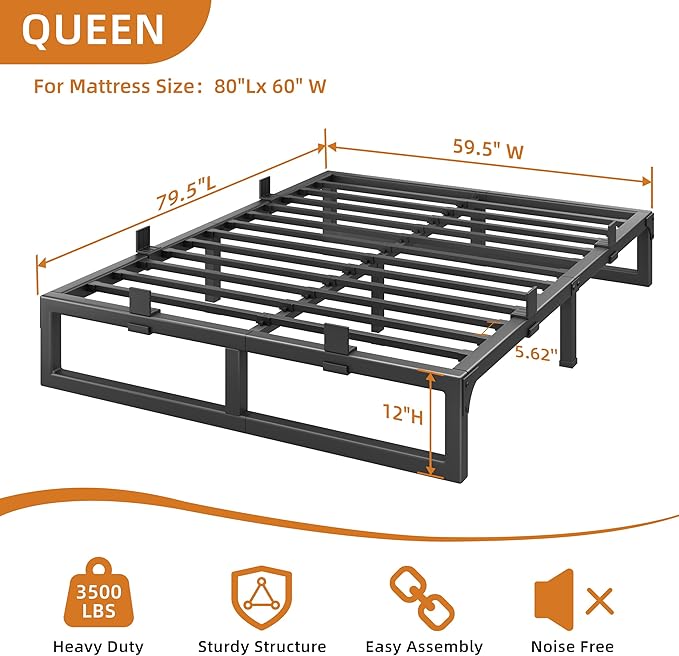 Queen Bed Frame, 12 Inch Metal Platform Bed Frames with Squeak Free U-Slot Design, 6 Non-Slip Guards, 3500lbs Heavy Duty Steel Slat Support, No Box Spring Needed, Under Bed Storage, Black