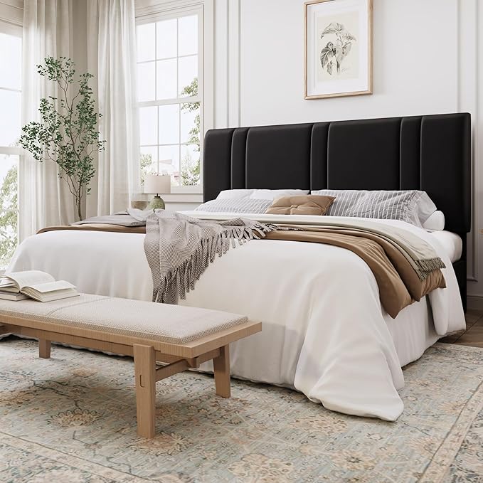 SHA CERLIN King Size Platform Bed Frame, Velvet Upholstered Bed with Adjustable Headboard, Vertical Channel Tufted Design, Sturdy Wood Slat Support, No Box Spring Needed, Easy Assembly, Black