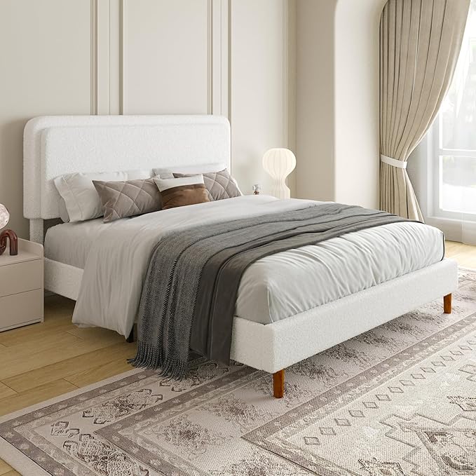 Queen Size Boucle Platform Bed Frame with Adjustable Headboard, Upholstered Cloud Bed, Solid Wooden Legs, Easy Assembly, No Box Spring Needed, White