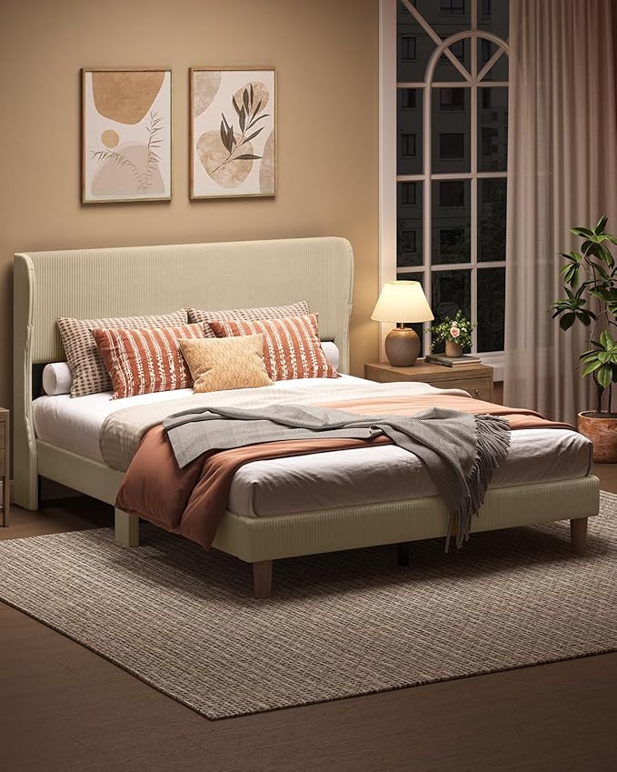 Bestier Queen Bed Frame with Wingback Headboard,Upholstered Platform Queen Size Bed with Strong Wooden Slats,No Box Spring Needed,Never Squeaks,Easy Assembly,Taupe
