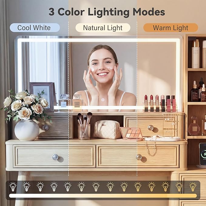Furmax 48" Makeup Vanity Desk with Large Mirror and Lights,Big Wood Vanity Table with 5 Drawers＆Glass Storage Cabinet with Adjustable Shelves,Dressing Table with Charging Station for Bedroom (Oak)