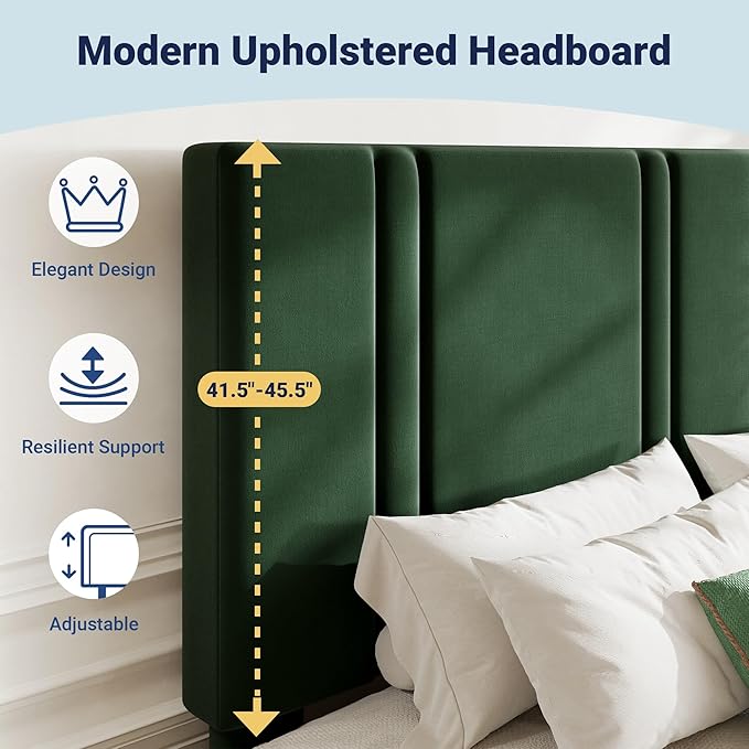 Allewie Full Size Platform Bed Frame with Adjustable Headboard, Plush Velvet Upholstered, Vertical Channel Tufted, Sturdy Wooden Slats, No Box Spring Needed, Easy Assembly, Green