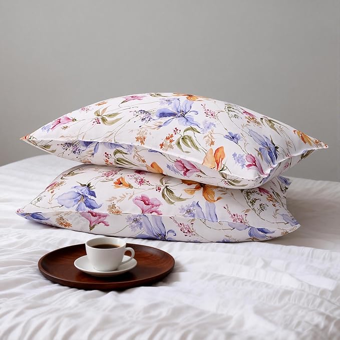 CHUFFED 100% French Linen Pillow Cases Pastel Bloom Print, Farmhouse Floral Stone Washed Pillow Shams with Envelope Closure Soft Breathable Vintage Pillow Covers for Decor,20x36 inches