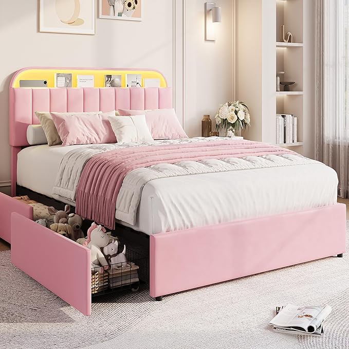 GarveeHome Queen Bed Frame with Storage Headboard, Kids Bed Frame with 2 Drawers, Velvet Upholstered Platform Bed Frame with Lights, No Box Spring Needed, Easy Assembly, Velvet Pink