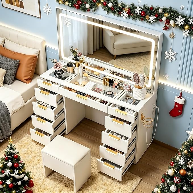 Pamapic Glass Top Vanity Desk with Mirror and Lights, 11 Drawers Makeup Vanity with Charging Station and Chair, Golden Handles Dressing Table, 3 Lighting Modes Makeup Table, White