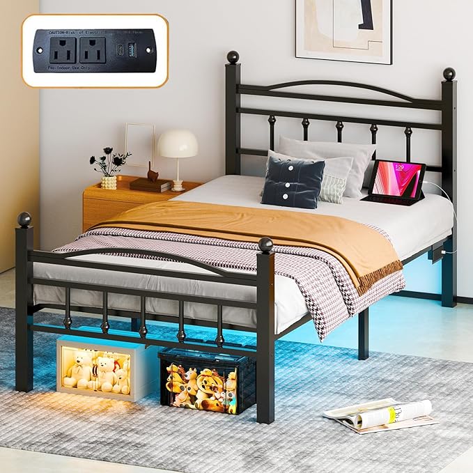 Jenmit Twin Bed Frames with Headboard, LED Bed Frame with Charging Station, Metal Platform, Under-Bed Storage, No Box Spring Needed, Noise Free, Easy Assembly, Black
