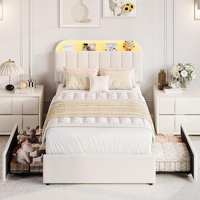 GarveeHome Twin XL Bed Frame with Storage Headboard, Kids Bed Frame with 2 Drawers, Velvet Upholstered Platform Bed Frame with Lights, No Box Spring Needed, Easy Assembly, Velvet White
