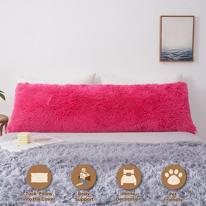 MEGO Luxury Fluffy Body Pillow Cover, 20x54 Shaggy Faux Fur Body Pillow Case, Soft Plush Fuzzy Body Pillowcase, Decorative Furry Long Bed Pillow with Zipper Closure Hug Pillow for Bedroom Hot Pink