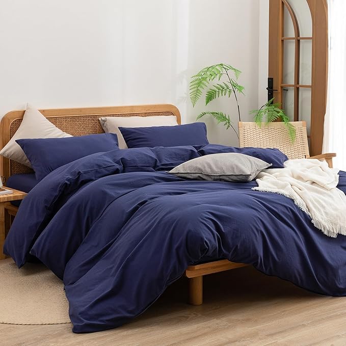 BESTOUCH Duvet Cover Set 100% Washed Cotton Linen Feel Super Soft Comfortable Chic Lightweight 3 PCs Home Bedding Set Solid Navy Blue Alaska King