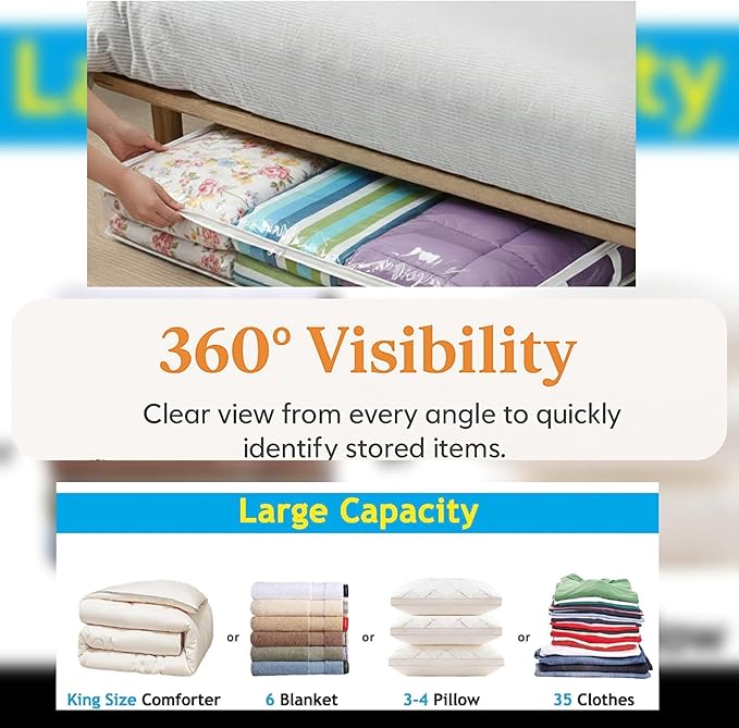 Clear PVC Under Bed Storage Bags for Clothes – Waterproof Zippered Blanket & Comforter Organizer, Foldable Space-Saving Storage (3 Pack, 49L)