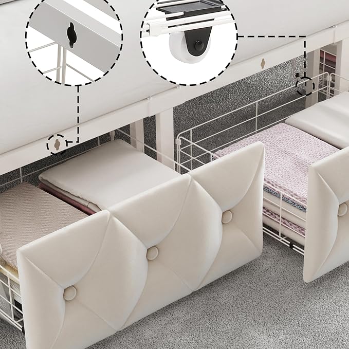 Keyluv Queen Upholstered Canopy Bed Frame with 2 Storage Drawers & Button Tufted Headboard, Metal Platform Bed with 4 Removable Posts, Two-Purpose Velvet Bed, Beige/Curtain Not Included