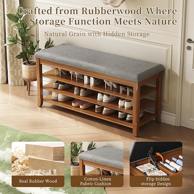 SolidWood Entryway Shoe Storage Bench, Flip-Top Soft-Close Lid, Adjustable Shelves, Cushioned Entryway Shoe Rack Organizer,Hallway, Closet, Foyer 39.4''