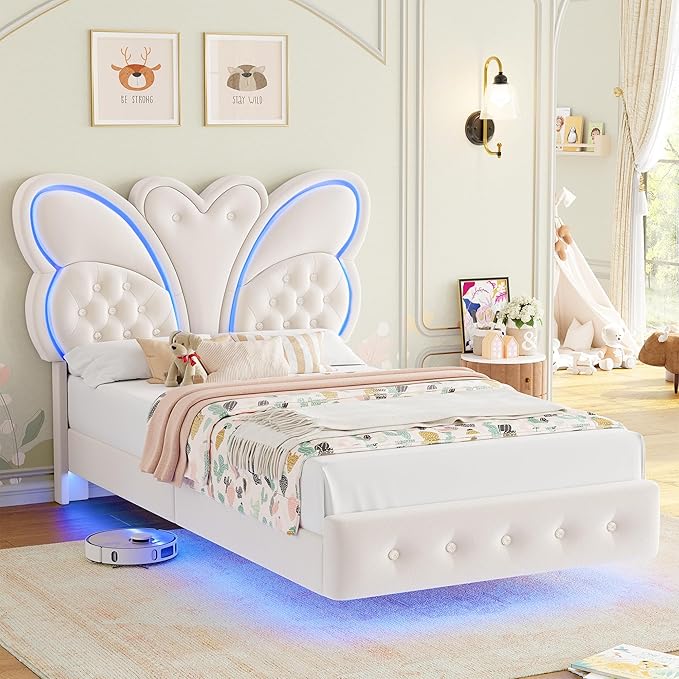 Keyluv Twin Bed Frame Butterfly-Pattern Upholstered Headboard, Modern Floating Bed with LED Lights Button Tufted on Headboard and Footboard, Slats Support No Box Spring Needed, Noise-Free, Beige