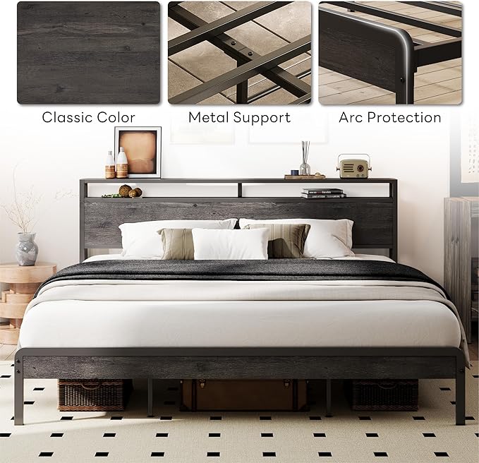 LIKIMIO California King Bed Frame with Headboard, Dark Wood Camas California King with Strong Supports, Sturdy, Noise-Free, No Box Spring Needed, Grey