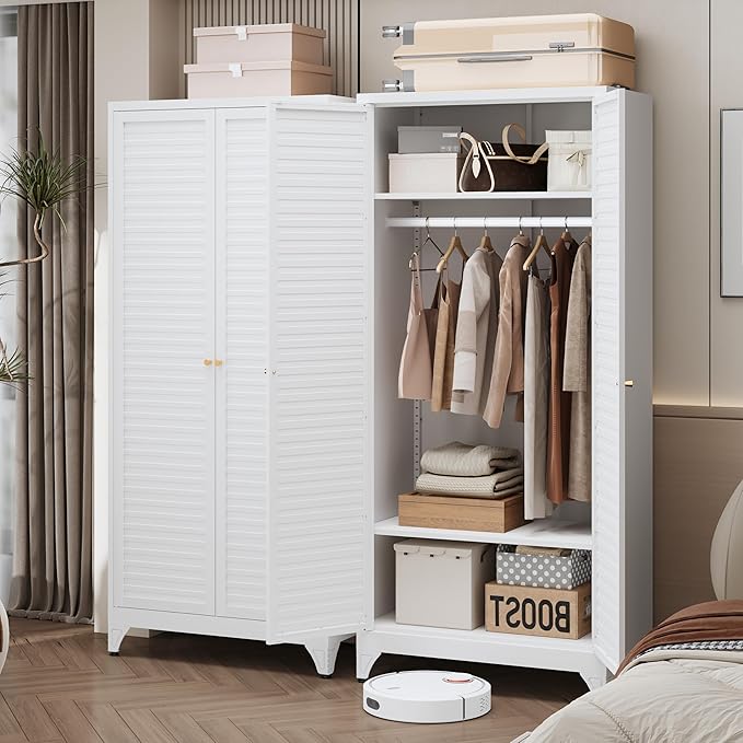 SteeLoong 71" Metal Wardrobe Cabinet with Hanging Rod, Armoire Wardrobe Closet with Doors and Adjustable Shelves, Whiet Clothing Storage Cabinets for Bedroom Office,School,Hospital